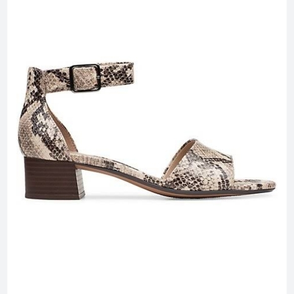 Clarks Shoes - Clarks Snake Print Ankle Strap Block Heel Sandals — Beige/Brown